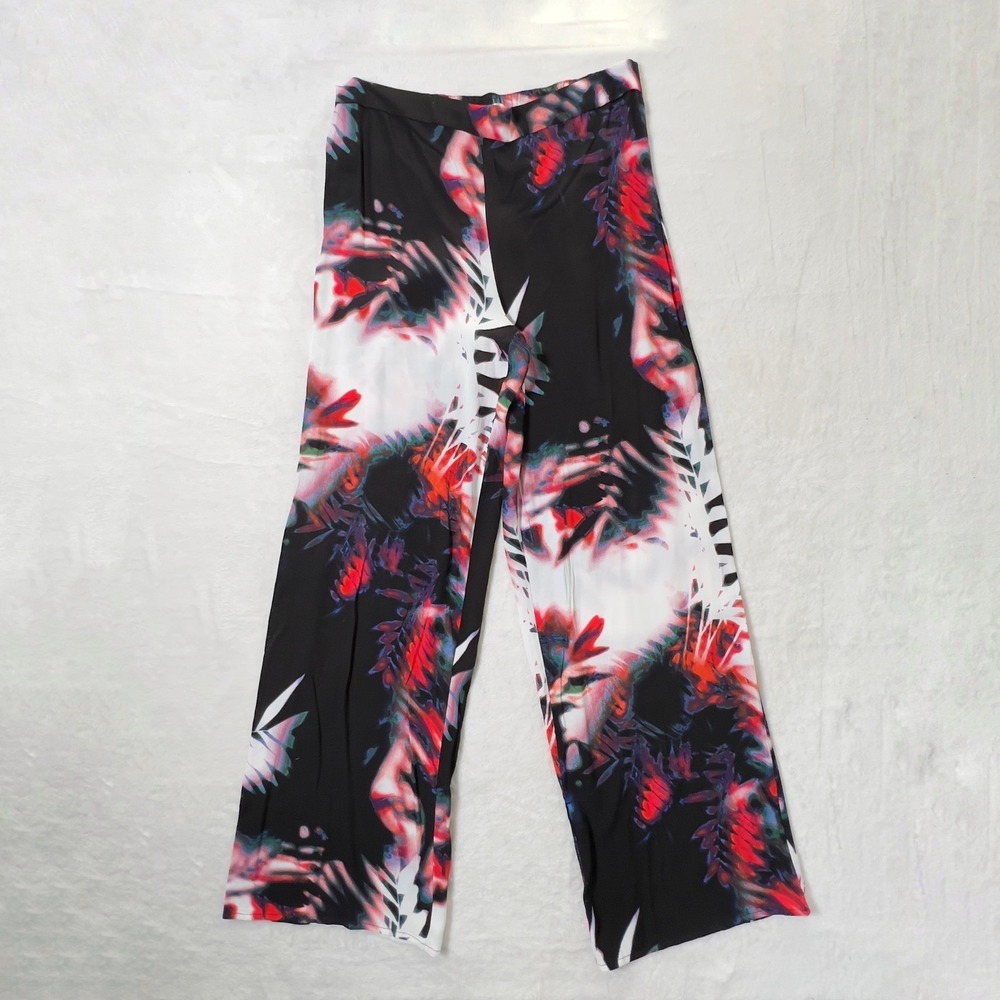 Natori Wide Leg Pull On Pants Womens Sz M Black Floral Print Tropical